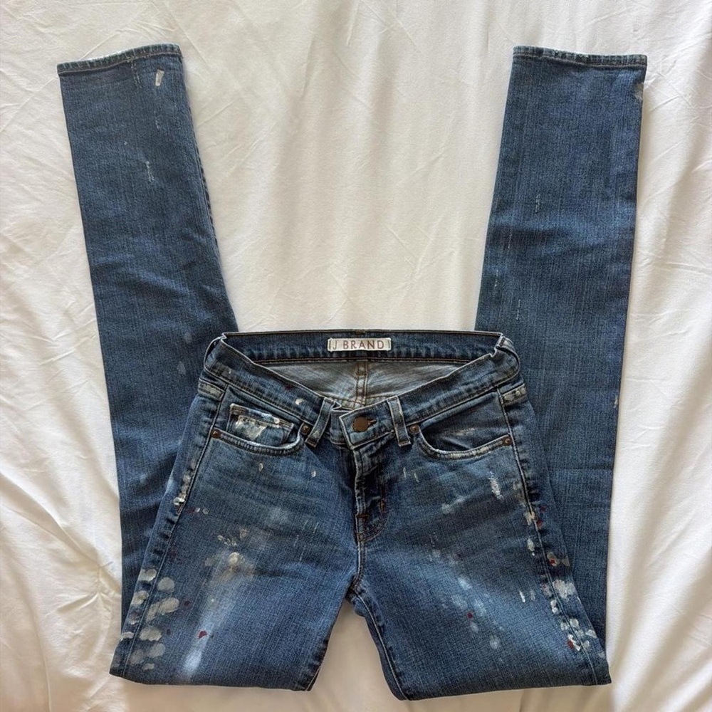 J Brand Blue Skinny Jeans with Painterly Splatter